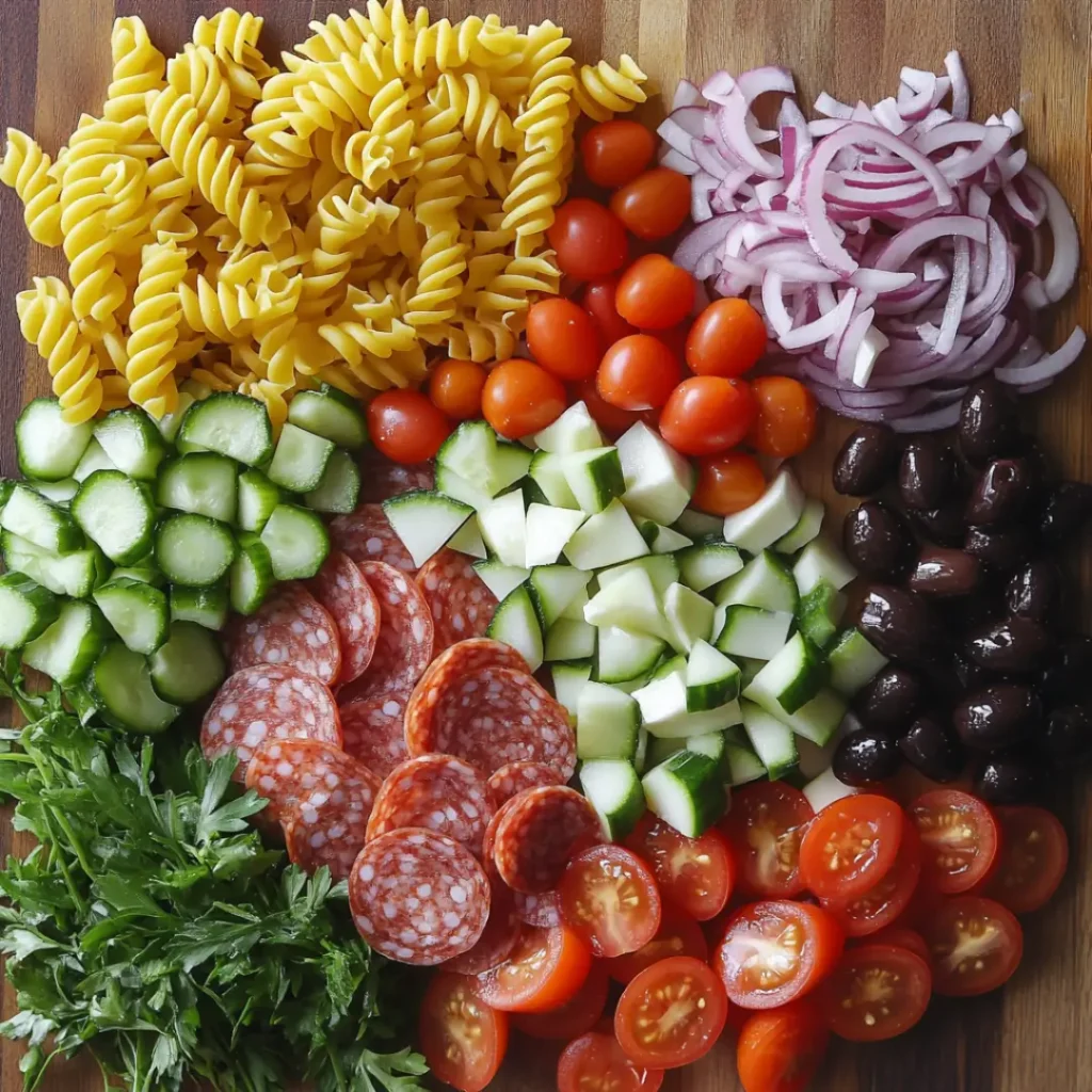 A colorful Italian pasta salad with rotini, cherry tomatoes, cucumber, olives, and herbs served in a white bowl—perfect for summer gatherings.