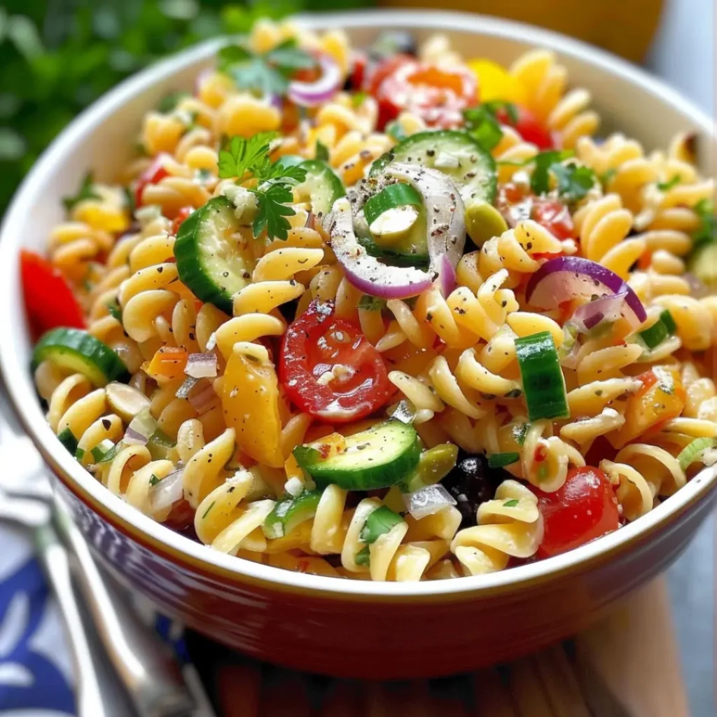 A colorful Italian pasta salad with rotini, cherry tomatoes, cucumber, olives, and herbs served in a white bowl—perfect for summer gatherings.