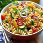 Italian Pasta Salad Recipes – Easy & Delicious Summer Favorite 9 A colorful Italian pasta salad with rotini, cherry tomatoes, cucumber, olives, and herbs served in a white bowl—perfect for summer gatherings.