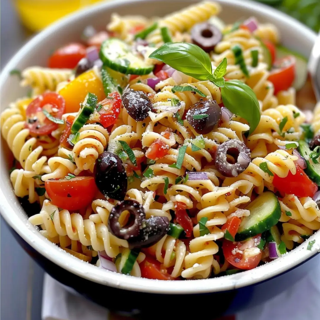 A colorful Italian pasta salad with rotini, cherry tomatoes, cucumber, olives, and herbs served in a white bowl—perfect for summer gatherings.