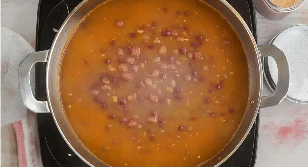 Kashmiri Rajma Curry Recipe – Authentic, Aromatic, and Soul-Warming 16 Kidney beans and spices being added to a pot of simmering broth for Kashmiri Rajma Curry Recipe.