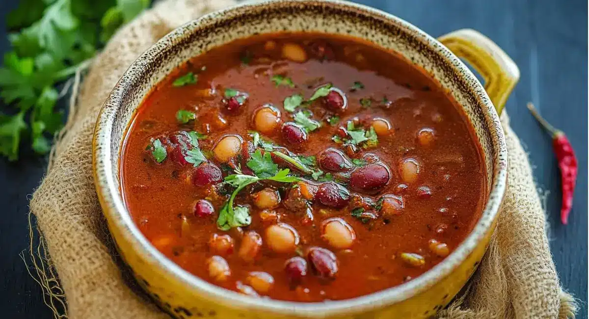 A bowl of vibrant red Kashmiri Rajma Curry Recipe, garnished with fresh cilantro.