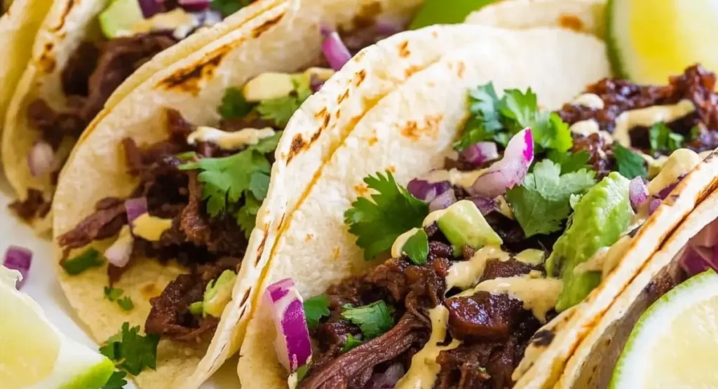 Close-up of assembled Korean Beef Tacos.