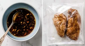 Two separate images showing components of a Korean Chicken Lunch Meal Prep. The left image shows a light blue bowl containing a dark brown marinade with visible garlic pieces and a silver spoon. The right image shows two cooked chicken breasts sealed in a clear plastic bag.