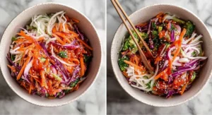 Two images showing the mixing and completed state of a salad component for a Korean Chicken Lunch Meal Prep. The left image shows a white bowl filled with shredded white cabbage, shredded carrots, and shredded purple cabbage. The right image shows the same bowl with the vegetables mixed and coated in a reddish sauce, with visible sesame seeds and broccoli florets, being stirred with wooden chopsticks.