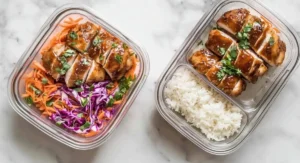 Two clear glass containers showing completed Korean Chicken Lunch Meal Prep. The container on the left has sliced, glazed chicken on top of shredded carrots, purple cabbage, and cilantro. The container on the right has sliced, glazed chicken topped with cilantro in one compartment and white rice in a separate compartment.