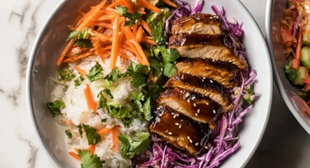 A white bowl filled with a colorful Korean Chicken Lunch Meal Prep. It contains white rice topped with shredded carrots and cilantro on one side, and thinly sliced, glazed chicken breast sprinkled with sesame seeds and cilantro on a bed of shredded purple cabbage on the other side.