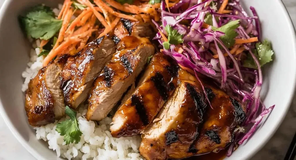A white bowl filled with steamed rice, topped with slices of glossy, dark brown grilled chicken featuring visible grill marks, shredded bright orange carrots, and finely shredded purple cabbage, garnished with fresh cilantro. The chicken appears to be coated in a rich Korean Chicken Marinade.