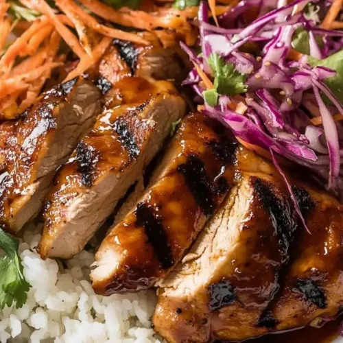 A white bowl filled with steamed rice, topped with slices of glossy, dark brown grilled chicken featuring visible grill marks, shredded bright orange carrots, and finely shredded purple cabbage, garnished with fresh cilantro. The chicken appears to be coated in a rich Korean Chicken Marinade.