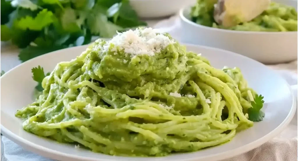 A plate of creamy light green spaghetti topped with a dollop of grated white cheese and fresh cilantro sprigs. Mexican Green Spaghetti Recipe.