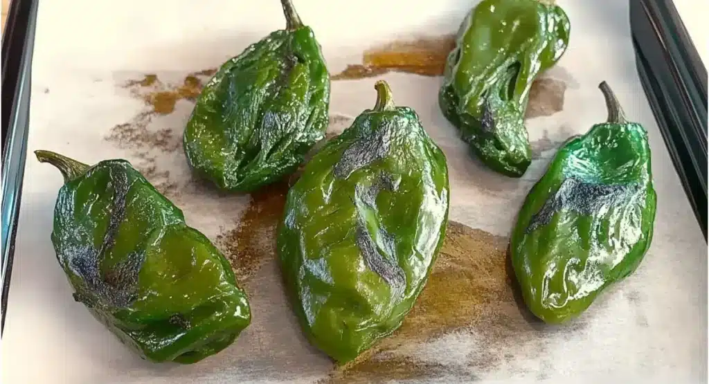 Five blistered, shiny green poblano peppers with dark char marks rest on parchment paper on a baking sheet. Mexican Green Spaghetti Recipe ingredient.