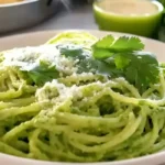 A white plate of green spaghetti topped with grated white cheese and cilantro, with a lime wedge and cilantro sprigs in the background. Mexican Green Spaghetti Recipe.