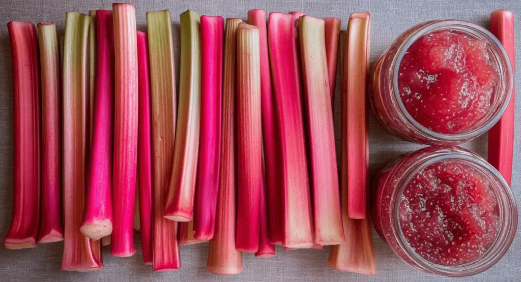 Rhubarb stalks and two jars filled with homemade stewed rhubarb