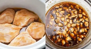 A split image showing raw chicken breasts in a slow cooker on the left, and diced chicken marinating in a rich teriyaki sauce in a bowl on the right, both for Slow Cooker Honey Teriyaki Chicken.