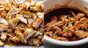 A split image featuring cooked, shredded chicken on a tray on the left, and the same shredded chicken mixed into sauce in a slow cooker on the right, preparing Slow Cooker Honey Teriyaki Chicken.