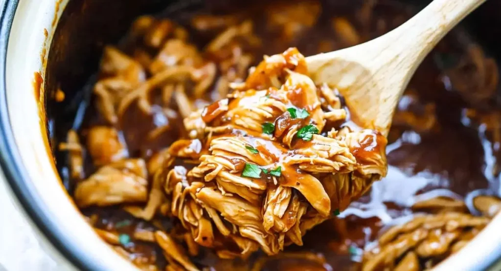 A wooden spoon lifting a large scoop of shredded, saucy Slow Cooker Honey Teriyaki Chicken from a white slow cooker, garnished with fresh herbs.