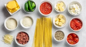 Ingredients for spaghetti pie laid out on a white countertop in individual bowls and containers.
