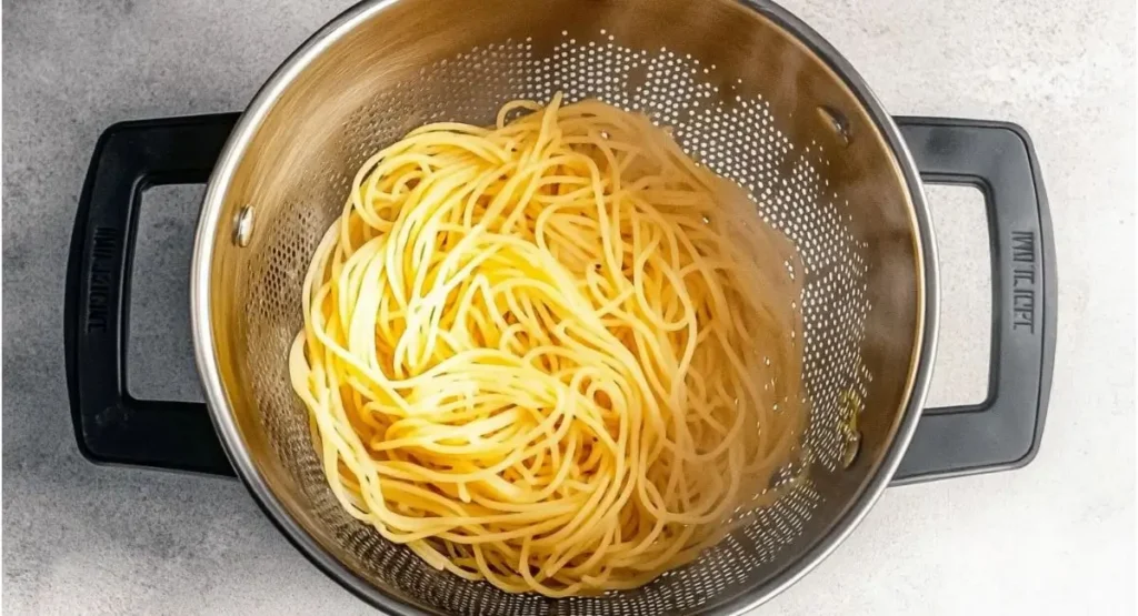 Cooked spaghetti in a stainless steel colander held over a larger pot.