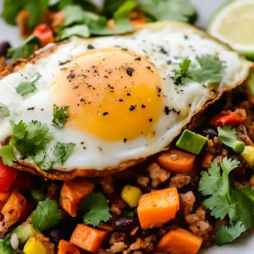 A vibrant plate of Tex-Mex Sweet Potato Hash topped with a sunny-side-up egg, fresh cilantro, and lime wedges.
