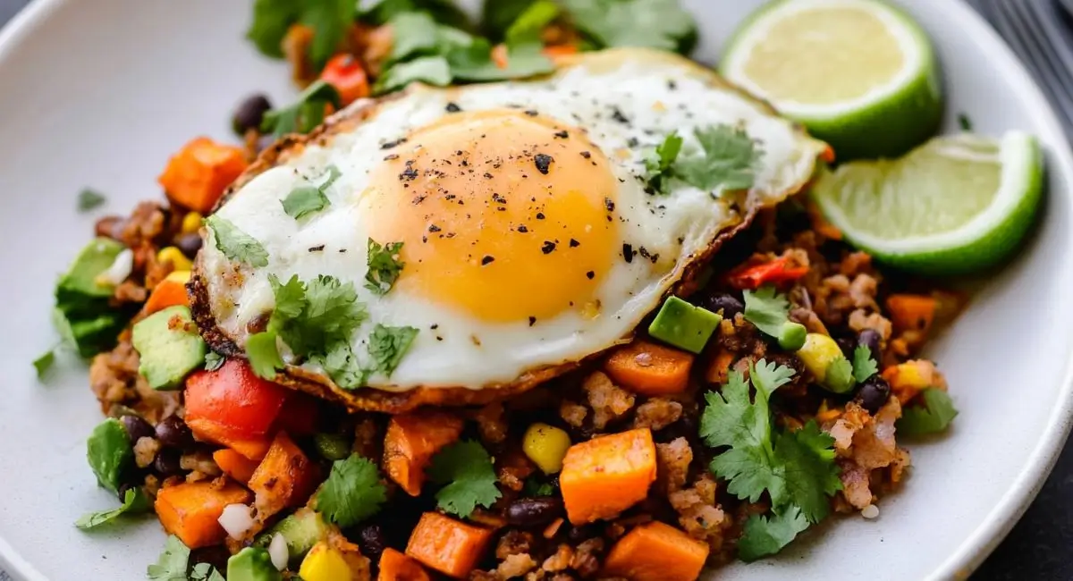 A vibrant plate of Tex-Mex Sweet Potato Hash topped with a sunny-side-up egg, fresh cilantro, and lime wedges.