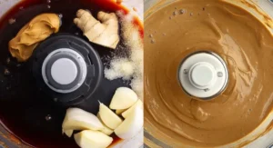 Split image showing ingredients being blended in a food processor on the left and a close-up of the smooth, light brown blended sauce in the food processor on the right, part of an apricot chicken recipe baked.