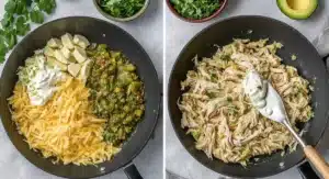 Two side-by-side images showcasing the preparation of the filling for The Best Green Chili Chicken Enchiladas Recipe. The left image shows a black skillet containing shredded cheddar cheese, cubed cream cheese, sour cream, and green chilies. The right image shows the ingredients mixed together with shredded chicken, creating the enchilada filling.