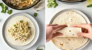 Two side-by-side images showing the process of assembling The Best Green Chili Chicken Enchiladas Recipe. The left image displays a flour tortilla on a gray plate topped with a portion of the chicken and green chili filling. The right image shows hands carefully rolling up the filled tortilla to form an enchilada.