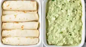 Two side-by-side images showing the final steps before baking The Best Green Chili Chicken Enchiladas Recipe. The left image displays a white baking dish lined with rolled, unfilled tortillas. The right image shows another white baking dish filled with the chicken and green chili filling, now blended into a creamy sauce, topped with fresh cilantro.