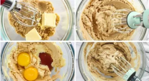 Four images showing the steps of creaming butter and sugar, then adding eggs and vanilla, for "The Ultimate Chewy Almond Flour Chocolate Chip Cookies".