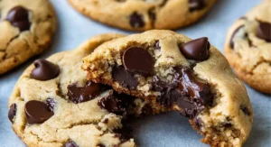 A close-up of a broken chocolate chip cookie revealing its gooey, melted chocolate interior, with other whole cookies slightly blurred in the background. The Ultimate Chewy Almond Flour Chocolate Chip Cookies.