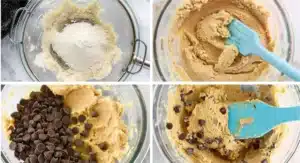 A collage of four images demonstrating the subsequent steps of preparing cookie dough in a clear glass bowl. The Ultimate Chewy Almond Flour Chocolate Chip Cookies.
