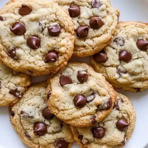 A white plate piled high with several golden-brown, soft-baked cookies studded with melted dark chocolate chips. Scattered chocolate chips are also visible around the plate. The Ultimate Chewy Almond Flour Chocolate Chip Cookies.