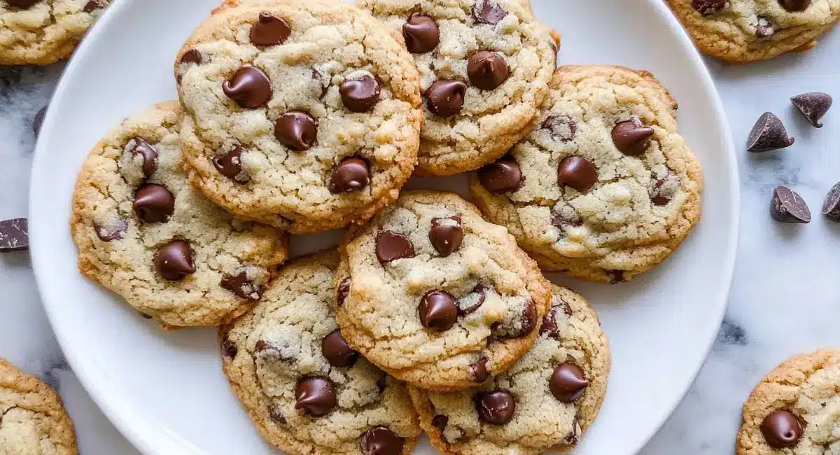 A white plate piled high with several golden-brown, soft-baked cookies studded with melted dark chocolate chips. Scattered chocolate chips are also visible around the plate. The Ultimate Chewy Almond Flour Chocolate Chip Cookies.