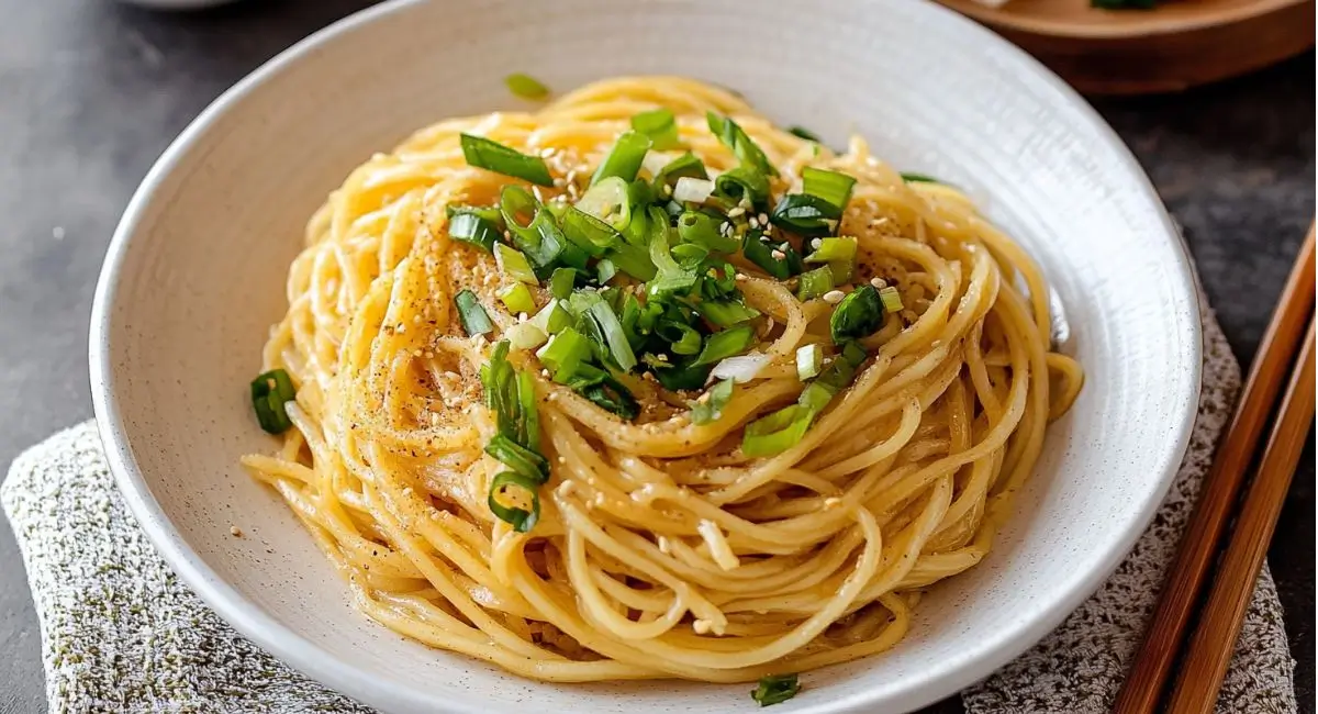 An overhead shot of a light-colored bowl brimming with Vietnamese Garlic Noodles, generously garnished with vibrant green scallions and sesame seeds, resting on a patterned napkin with chopsticks to the right.