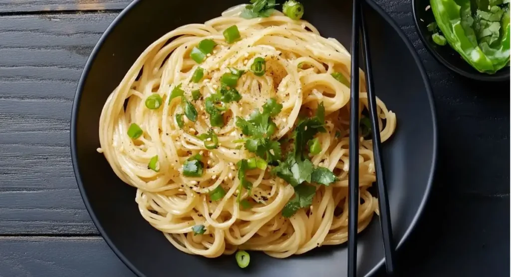 A close-up, overhead shot of a generous serving of Vietnamese Garlic Noodles in a sleek black bowl, garnished with vibrant green scallions and cilantro, and sprinkled with sesame seeds. Chopsticks rest on the right side of the bowl, which is placed on a dark wooden surface.