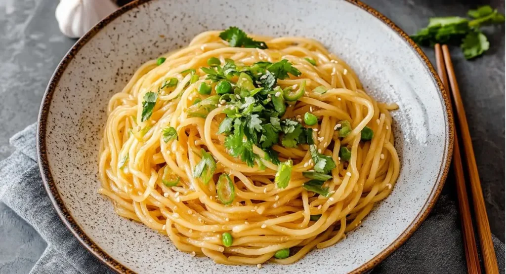 A slightly angled, close-up shot of Vietnamese Garlic Noodles in a speckled ceramic bowl, garnished with green scallions, cilantro, and sesame seeds. Chopsticks are placed on the right, and a partially visible garlic bulb rests on a gray surface in the background.