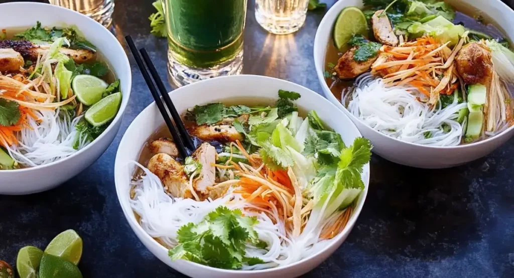 Three bowls of Vietnamese Noodle Bowl with Chicken on a dark table with a tall glass of green liquid and lime wedges.