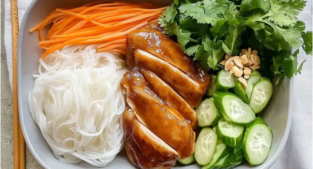 An overhead shot of ingredients for a Vietnamese Noodle Bowl with Chicken in a grey bowl.