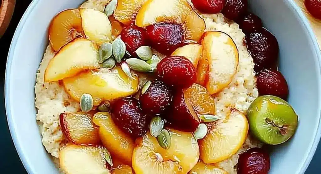 A light blue bowl of oatmeal adorned with slices of yellow and red plums, dark red berries, green pumpkin seeds, and a light drizzle, representing an apricot breakfast recipe.