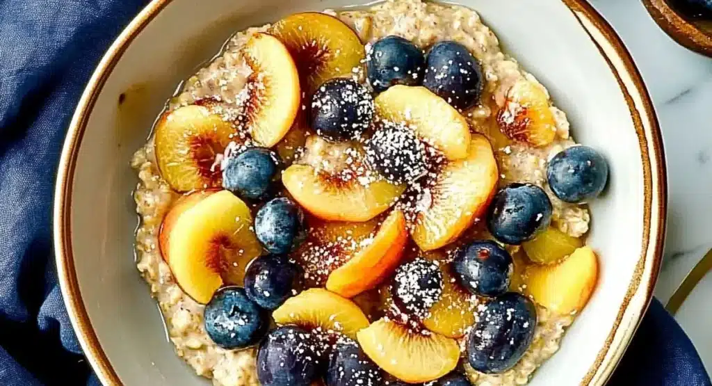 A white bowl of oatmeal topped with slices of yellow peaches and dark blue blueberries, dusted with powdered sugar, exemplifying an apricot breakfast recipe.