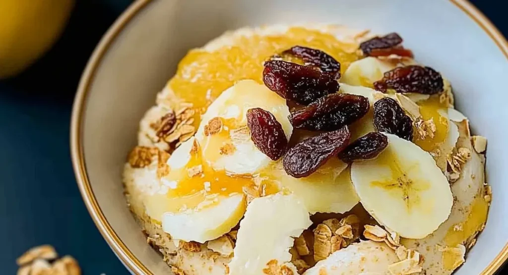 A white bowl filled with creamy oatmeal topped with sliced bananas, raisins, granola, and a drizzle of honey, showcasing a delicious apricot breakfast recipe.