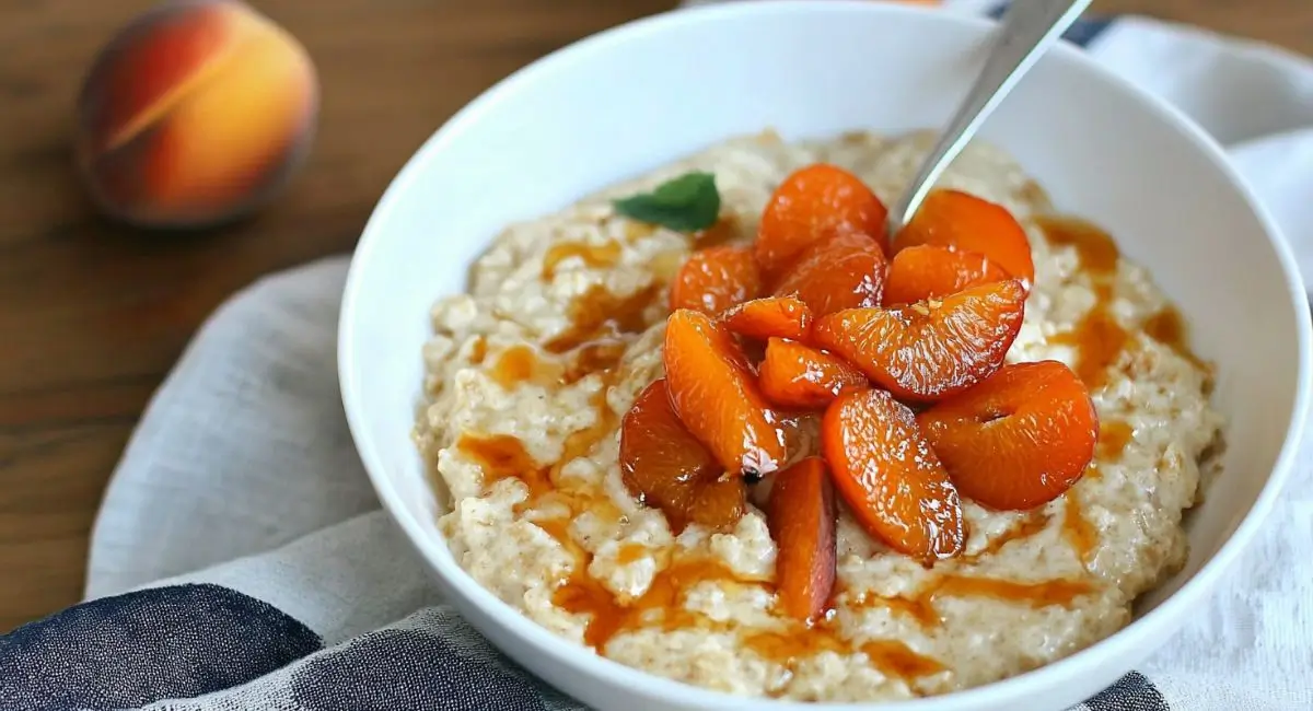 A white bowl of oatmeal topped with slices of cooked orange apricots and a light drizzle, with a spoon resting inside and a fresh apricot in the background, suggesting an apricot breakfast recipe.