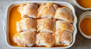 Raw chicken thighs seasoned with spices in a white baking dish with a yellow sauce base, ready for the apricot chicken recipe baked.