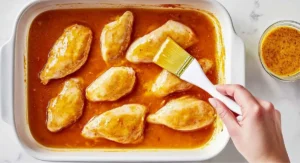 A hand using a basting brush to apply sauce to chicken pieces in a white baking dish, preparing an apricot chicken recipe baked.