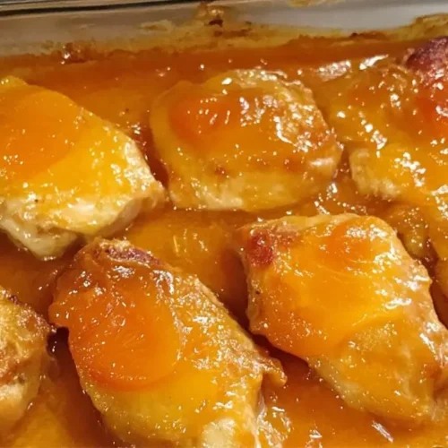 Golden brown apricot chicken pieces with visible apricot halves, glistening in a rich sauce in a clear baking dish. apricot chicken recipe baked.