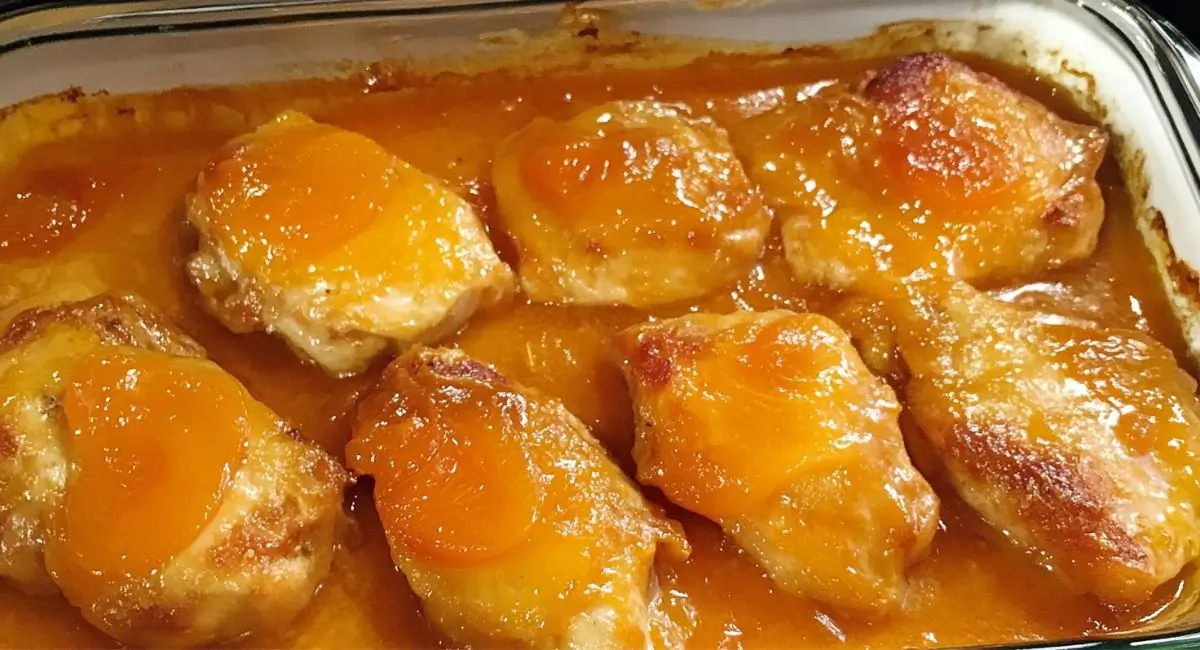 Golden brown apricot chicken pieces with visible apricot halves, glistening in a rich sauce in a clear baking dish. apricot chicken recipe baked.