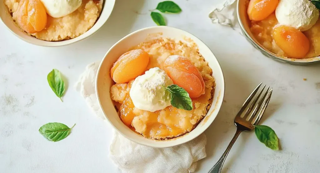 Three individual servings of apricot cobbler recipe topped with scoops of vanilla ice cream and fresh mint leaves on a white surface.