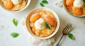 Three individual servings of apricot cobbler recipe topped with scoops of vanilla ice cream and fresh mint leaves on a white surface.