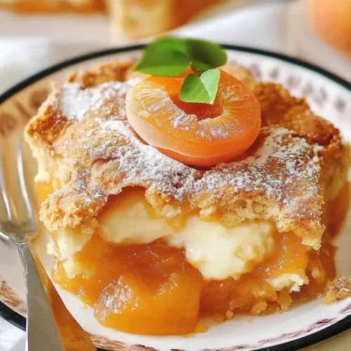 A slice of apricot cobbler recipe on a decorative plate with a fork, garnished with powdered sugar and a fresh apricot slice.