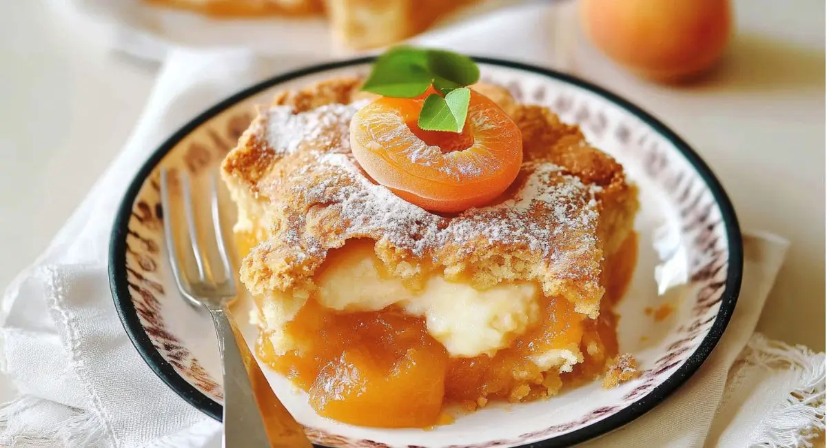 A slice of apricot cobbler recipe on a decorative plate with a fork, garnished with powdered sugar and a fresh apricot slice.